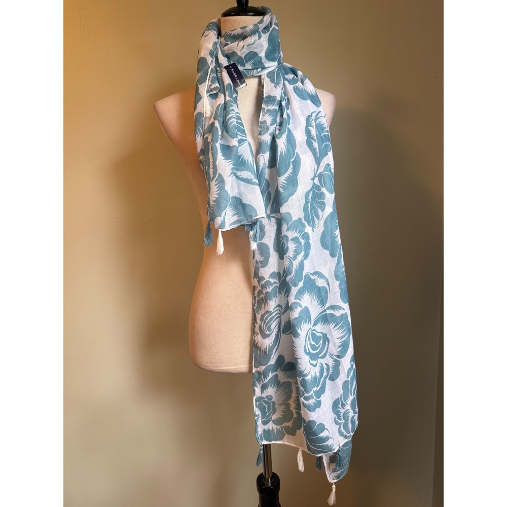Boho Floral Scarf Blue teal Tassel nWT whimsi romantic dainty flowy beach